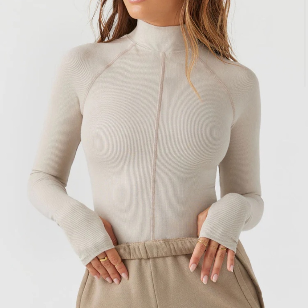 JOAH BROWN Tan/nude STITCH MOCK NECK LONG SLEEVE in Dune flex rib - Picture 1 of 8